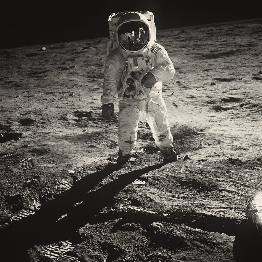 Buzz Aldrin standing on the lunar surface, the photographer and the lander reflected in his visor.