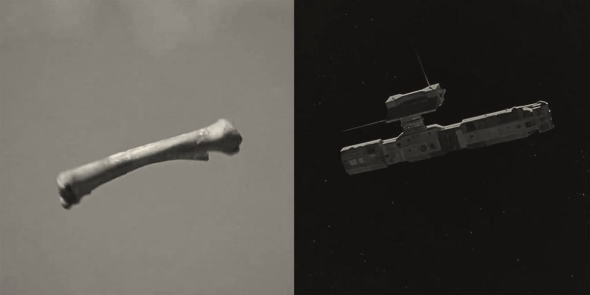The match cut from 2001: A Space Odyssey — a thrown bone on the left, a craft in orbit on the right.